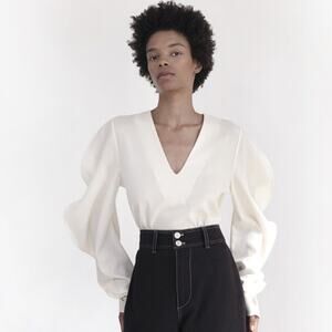 Shaina Mote Concha Spiral Flutter Sleeve Wool Top in Onyx Black, Size XS